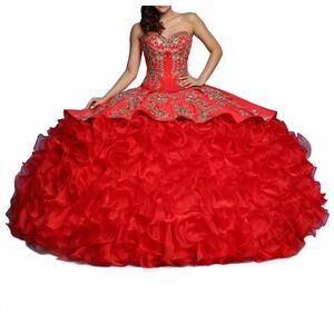 NEW DAVINCI BRIDAL satin & shimmer organza ball gown in red/gold